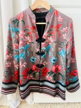Zara Pink Floral Mandarin-Collar Jacket Small